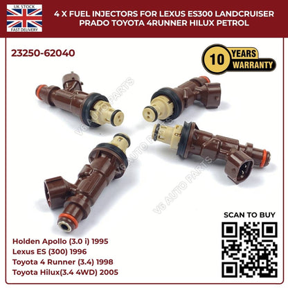 4 x Fuel Injectors For Lexus ES300 Landcruiser Prado Toyota 4Runner Hilux Petrol