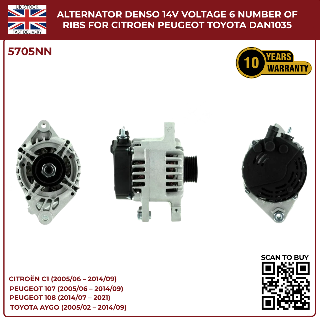 Alternator 14V 70A – 6 Rib Pulley – Citroën C1, Peugeot 107/108, Toyota Aygo – DAN1035