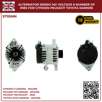 Alternator 14V 70A – 6 Rib Pulley – Citroën C1, Peugeot 107/108, Toyota Aygo – DAN1035
