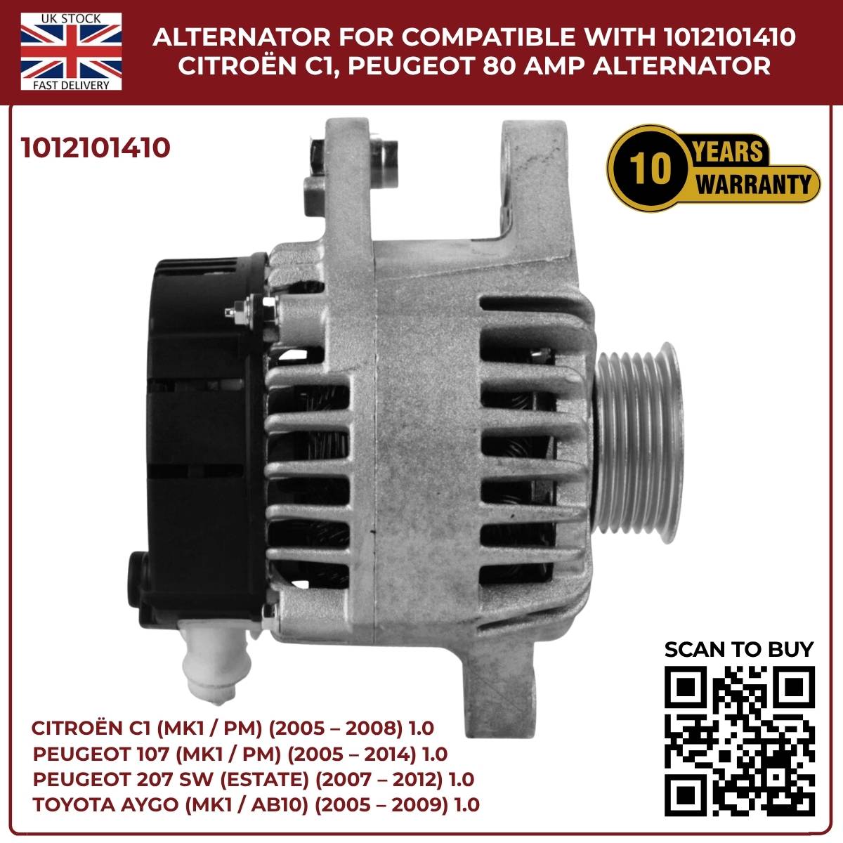 80A Alternator Fits Peugeot 107 1.0 2005‑2016 · Ref 102211‑8731 / DAN1035 / 0986049960 / DRA0248
