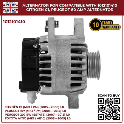 80A Alternator Fits Peugeot 107 1.0 2005‑2016 · Ref 102211‑8731 / DAN1035 / 0986049960 / DRA0248