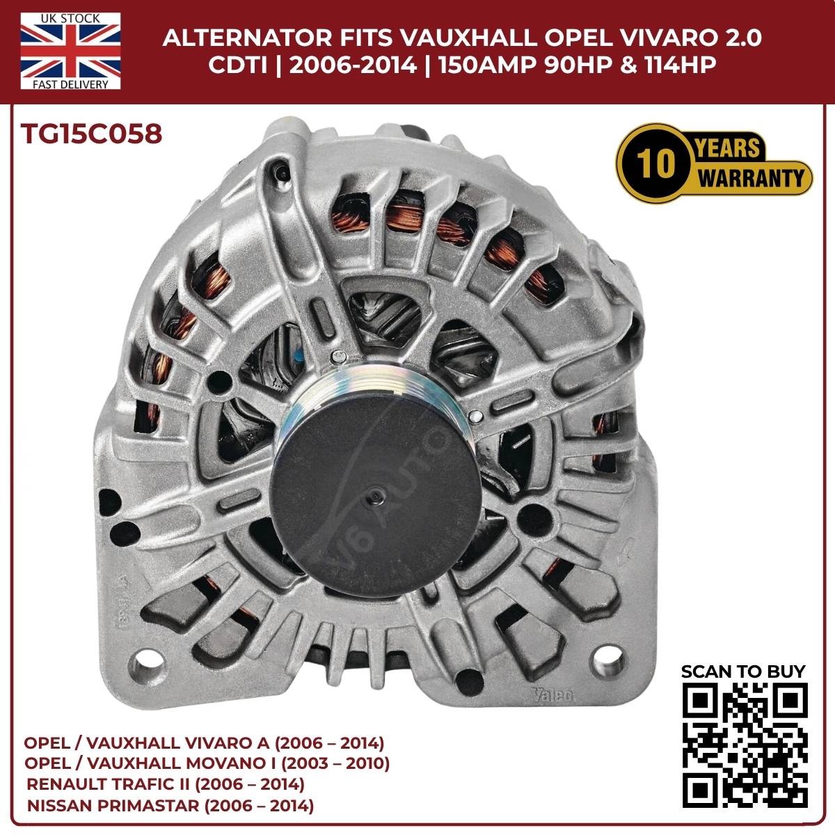 TG15C058 Alternator – 12V 150A | Fits 2006‑2014 Opel/Vauxhall Vivaro A 2.0 CDTi Diesel