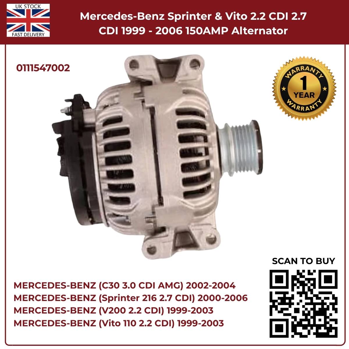 150AMP Alternator for Mercedes-Benz Sprinter & Vito (1999–2006, 2.2 CDI / 2.7 CDI)