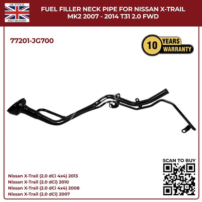 Nissan X‑Trail T31 Fuel Filler Neck Pipe 77201‑JG700 (2007–2014, 2.0 Diesel FWD)