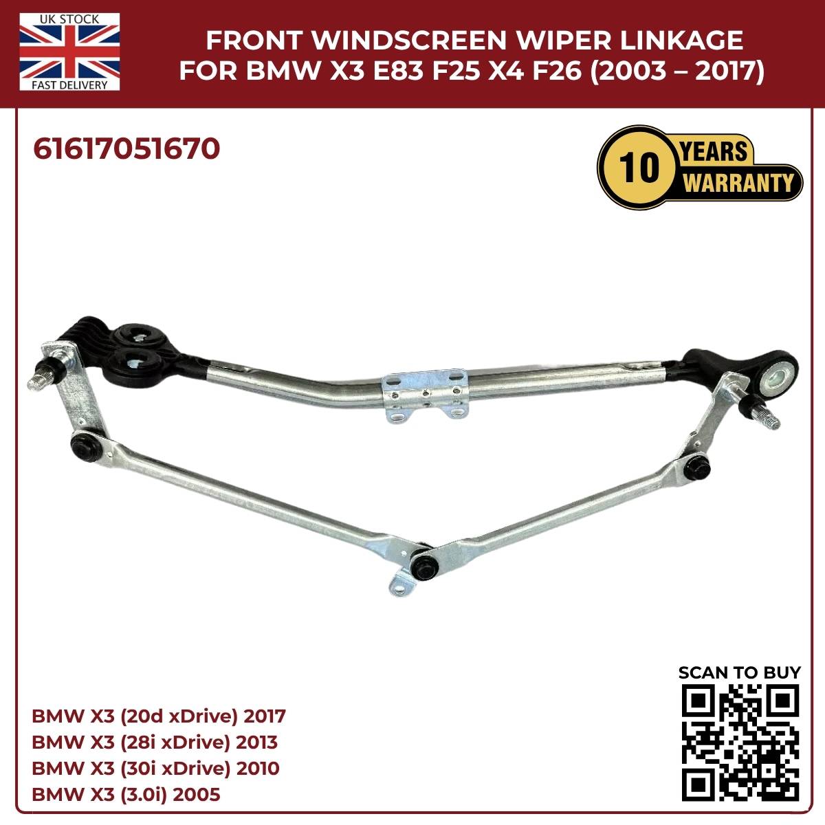 BMW Wiper Linkage Arm Assembly – Fits X3 F25 E83 & X4 F26 | OEM 61617051670 | Fast UK Dispatch