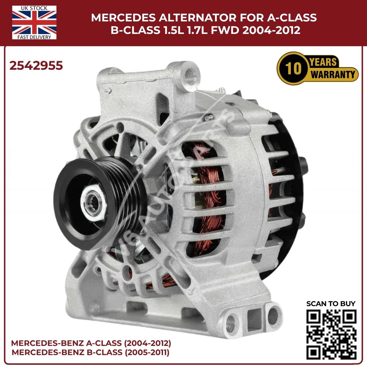 Mercedes Alternator SG9B121 / 2542955 — A-Class W169 & B-Class W245 1.5L / 1.7L Petrol FWD (2004–2012)