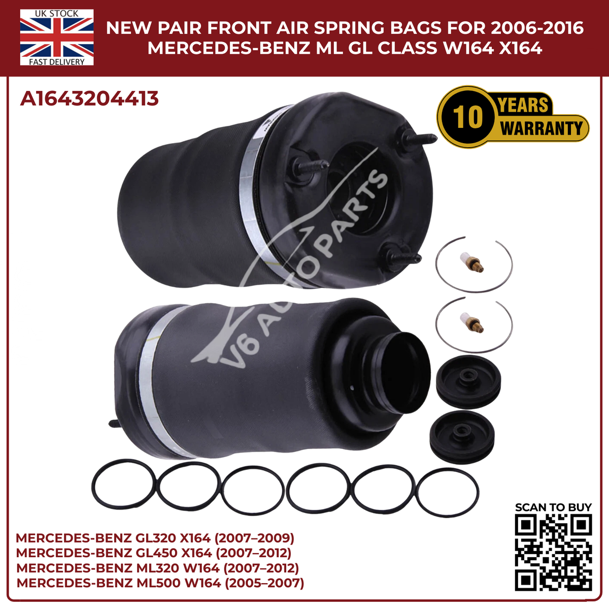 Image of replacement front air spring bags pair A1643204413 for Mercedes ML & GL