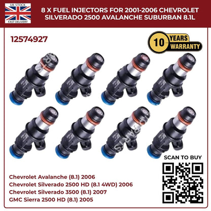 Set of 8 Fuel Injectors | Fits 2001–2006 Chevrolet Silverado, Avalanche & Suburban 8.1L V8