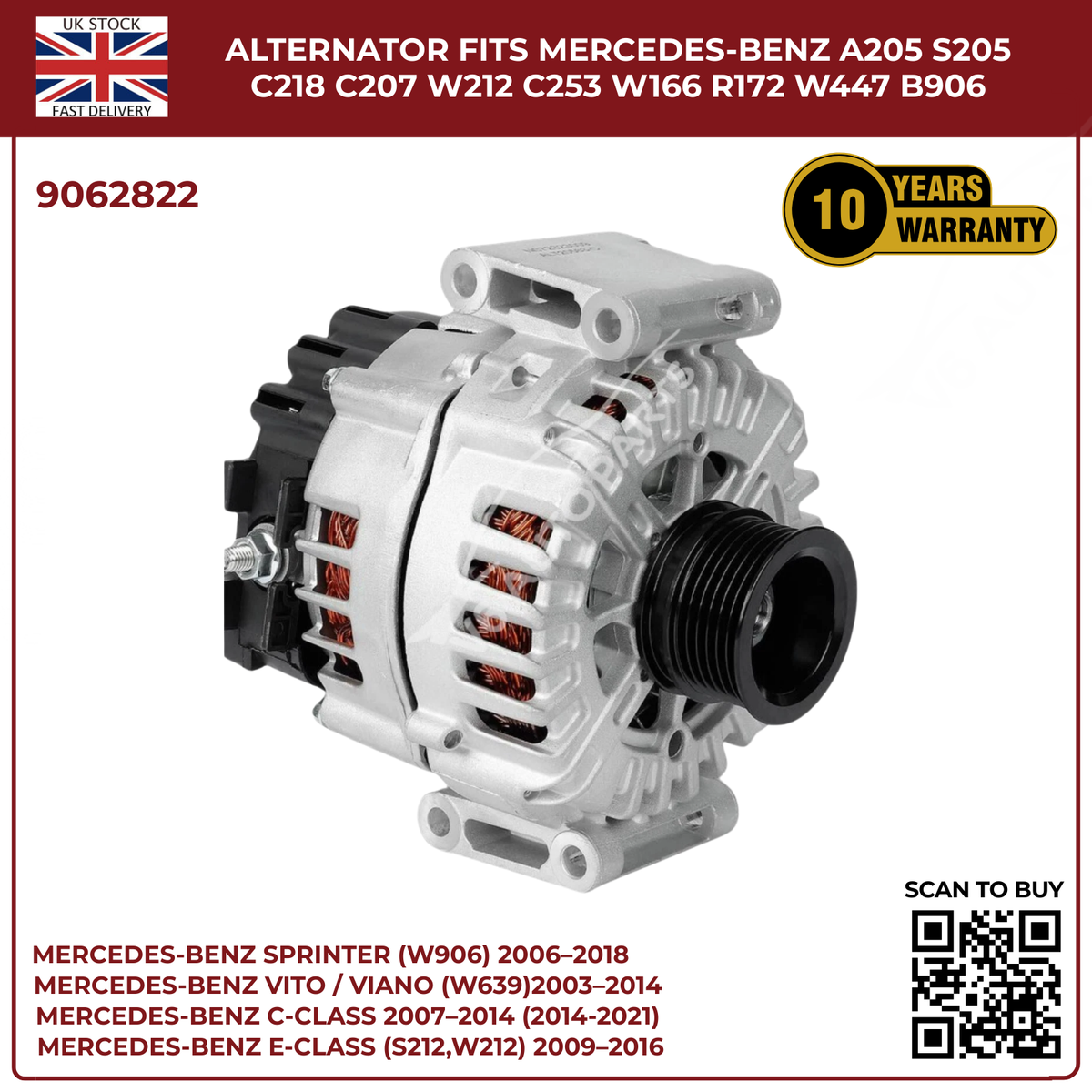 Mercedes-Benz Alternator 14V 200A – Fits A205 S205 C218 C207 W212 C253 W166 X204 W447 B906 (OEM 9062822)