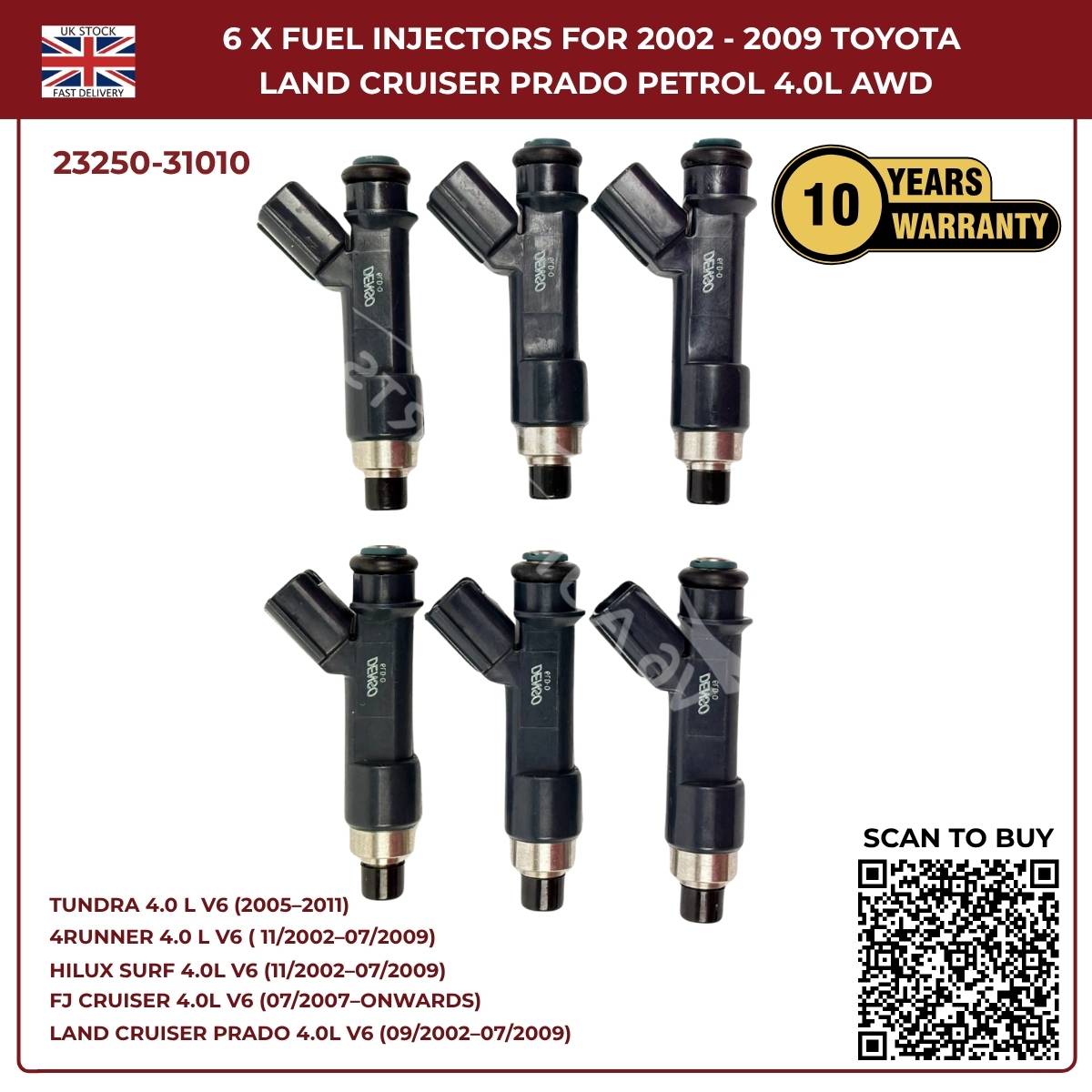 6x Fuel Injector Set 23250-31010 – Fits 2002–2009 Toyota Hilux Surf 4.0L V6 Petrol AWD/RWD