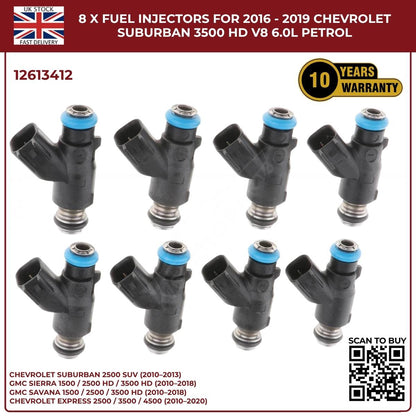 8x Fuel Injectors | OEM 12613412 | Fits 2016–2019 Chevrolet Suburban 3500 V8 6.0L Petrol