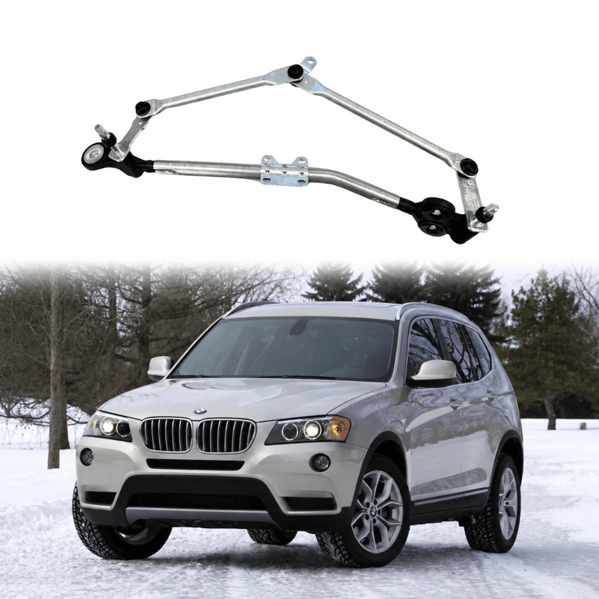 image of BMW X3 E83 F25 X4 F26 front wiper linkage mechanism assembly OEM reference 61617051670