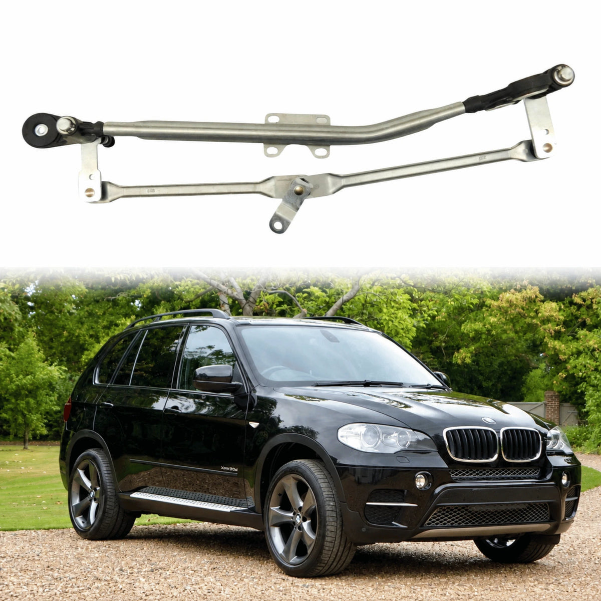 image of BMW X5 E70 and X6 E71 E72 front wiper linkage mechanism assembly right hand drive part number 61617153734