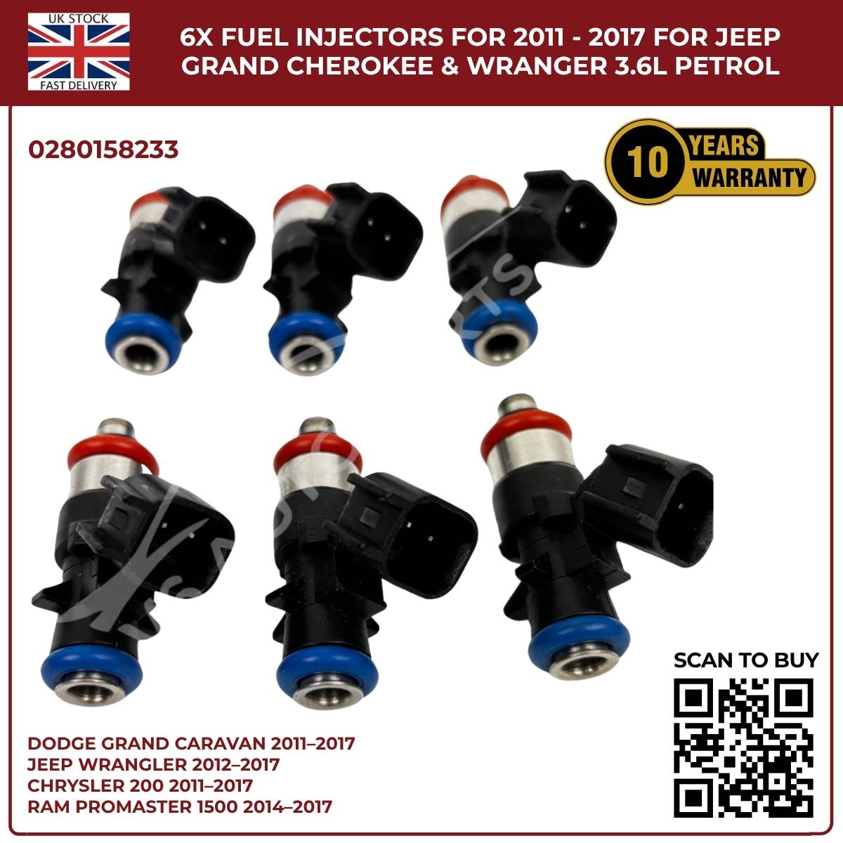 6× Fuel Injectors (0280158233) – Fits Chrysler 200, 300, Town & Country 3.6L V6 Pentastar (2011–2017)