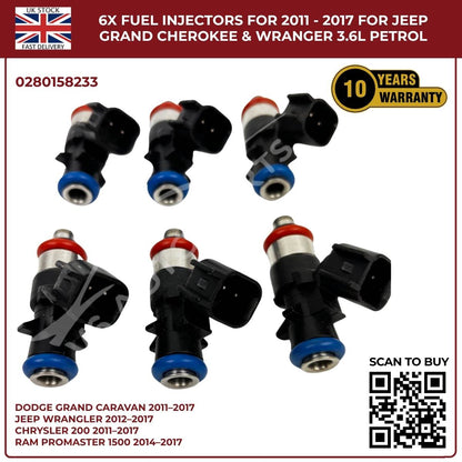6× Fuel Injectors (0280158233) – Fits Chrysler 200, 300, Town & Country 3.6L V6 Pentastar (2011–2017)