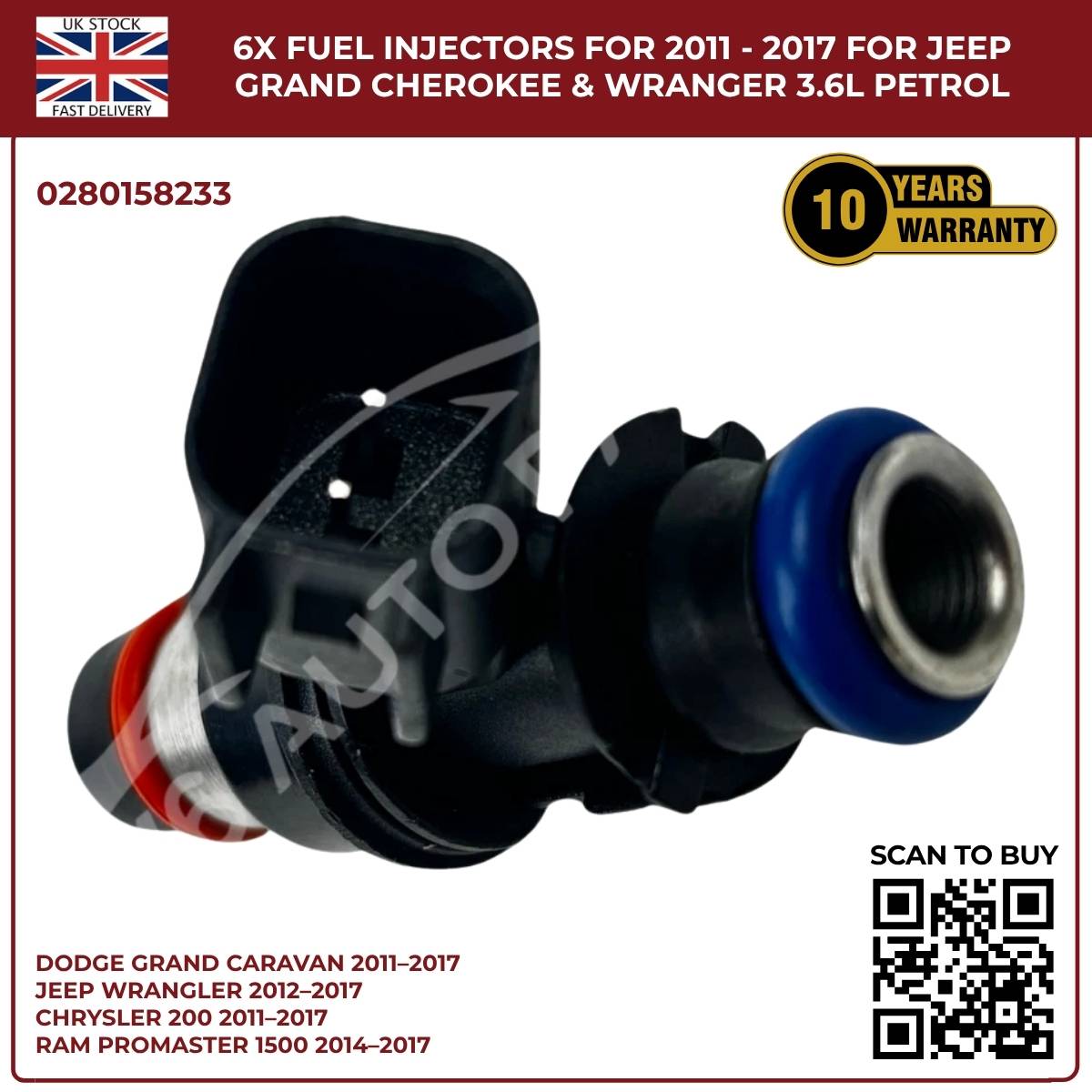 6× Fuel Injectors (0280158233) – Fits Chrysler 200, 300, Town & Country 3.6L V6 Pentastar (2011–2017)