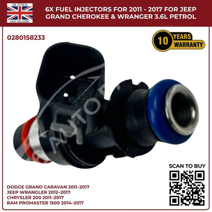 6× Fuel Injectors (0280158233) – Fits Chrysler 200, 300, Town & Country 3.6L V6 Pentastar (2011–2017)