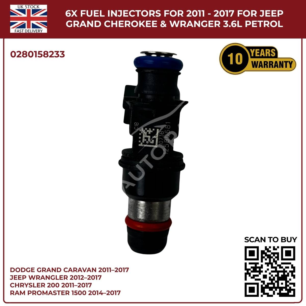 6× Fuel Injectors (0280158233) – Fits Chrysler 200, 300, Town & Country 3.6L V6 Pentastar (2011–2017)