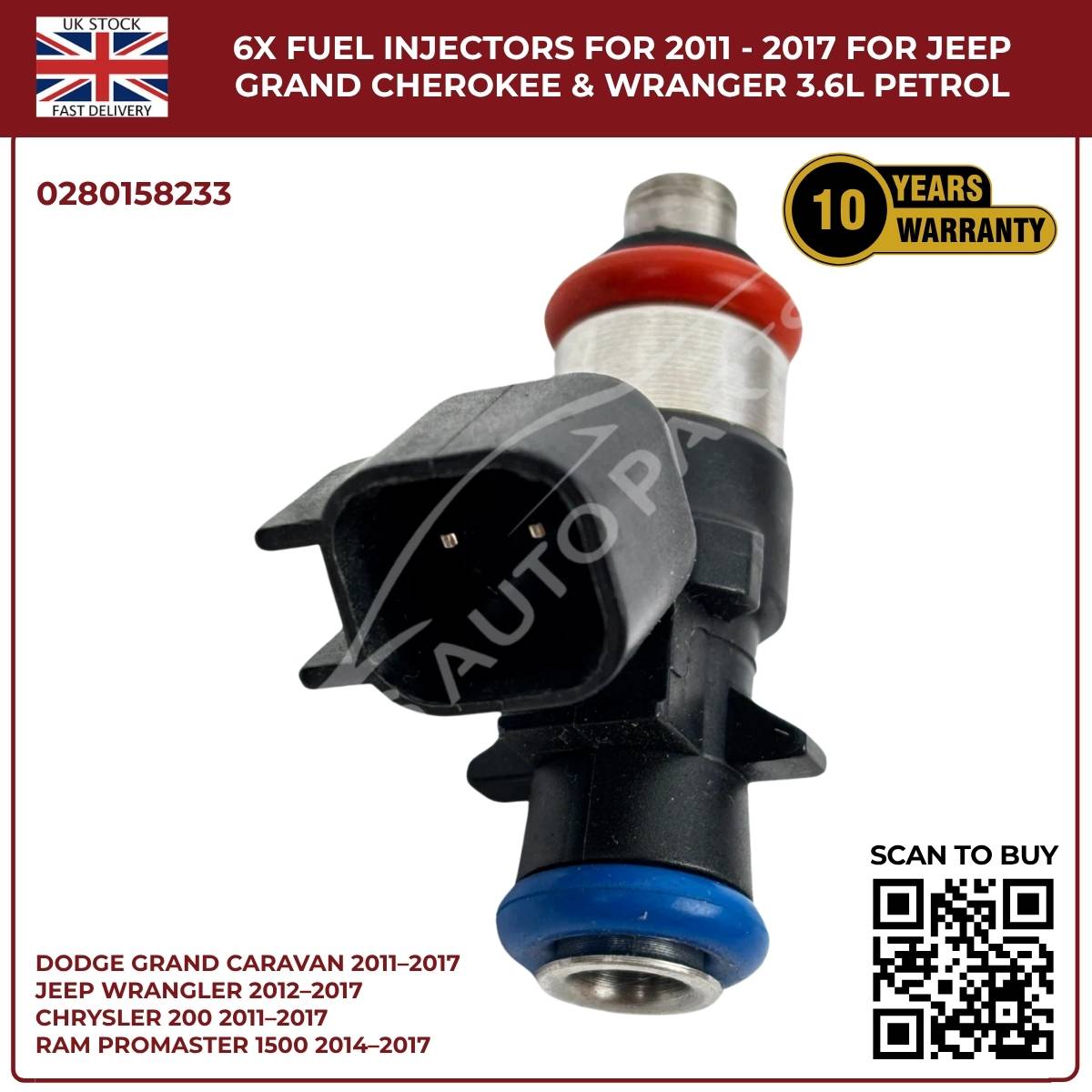 6× Fuel Injectors (0280158233) – Fits Chrysler 200, 300, Town & Country 3.6L V6 Pentastar (2011–2017)