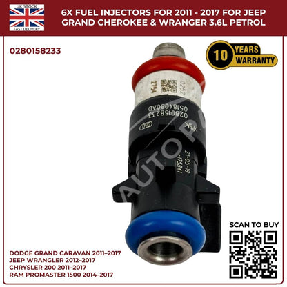 6× Fuel Injectors (0280158233) – Fits Chrysler 200, 300, Town & Country 3.6L V6 Pentastar (2011–2017)