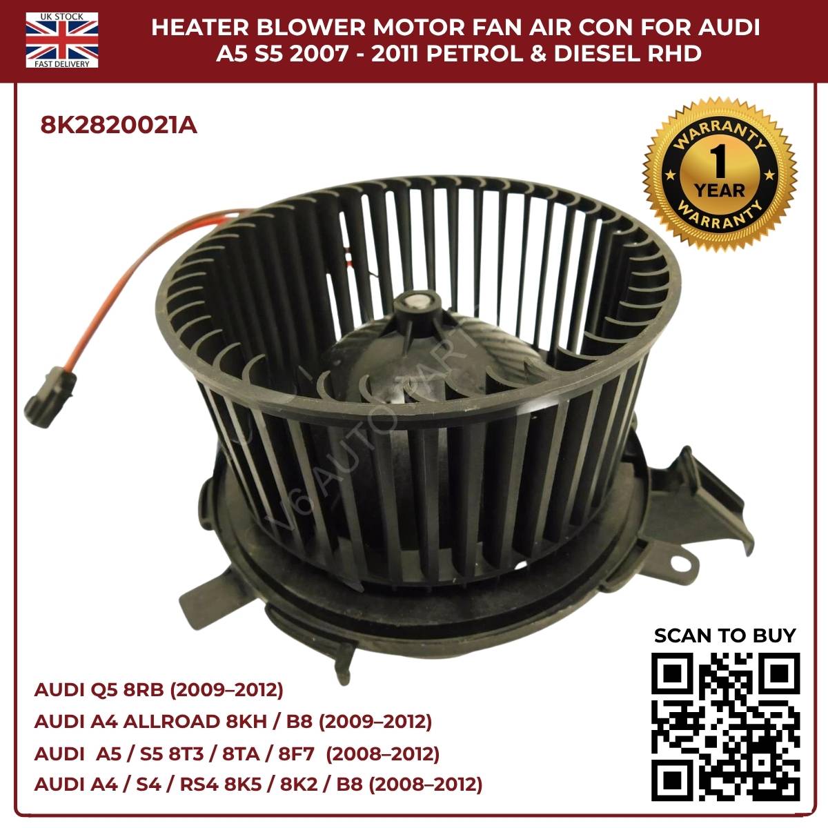 Image of Audi S5 Air Conditioning Blower Fan 8K2820021A RHD Replacement