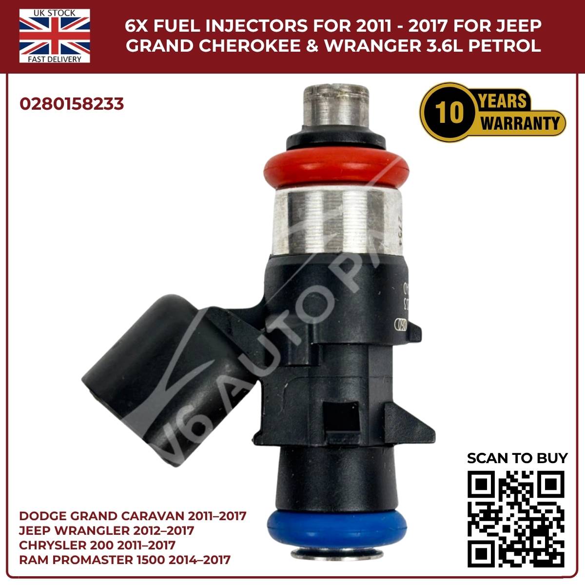 6× Fuel Injectors (0280158233) – Fits Chrysler 200, 300, Town & Country 3.6L V6 Pentastar (2011–2017)