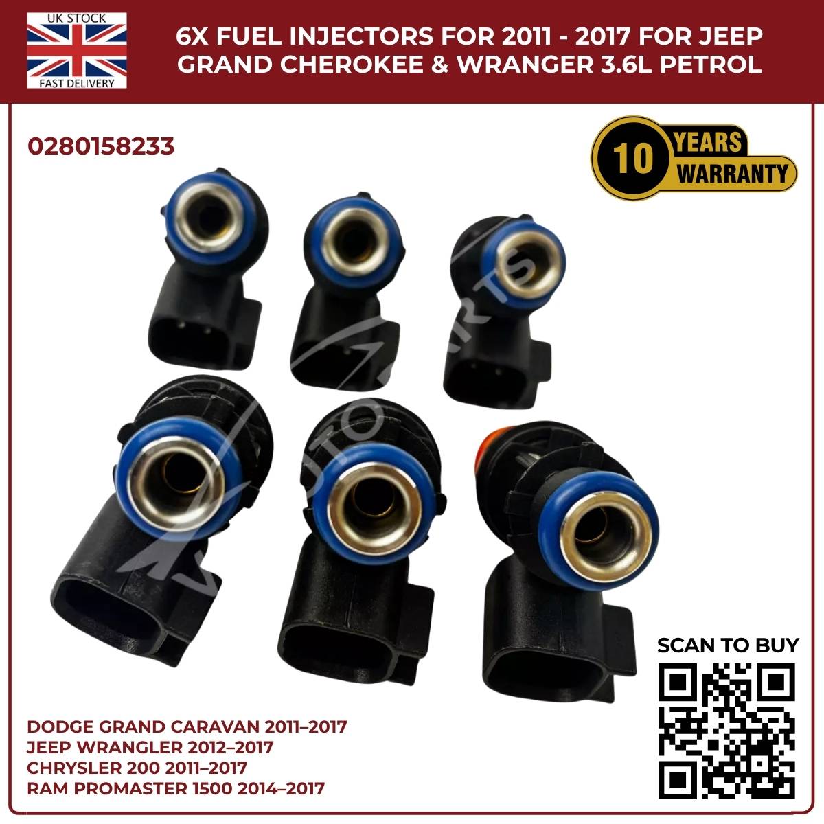 6× Fuel Injectors (0280158233) – Fits Chrysler 200, 300, Town & Country 3.6L V6 Pentastar (2011–2017)