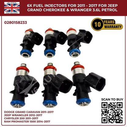 6× Fuel Injectors (0280158233) – Fits Chrysler 200, 300, Town & Country 3.6L V6 Pentastar (2011–2017)
