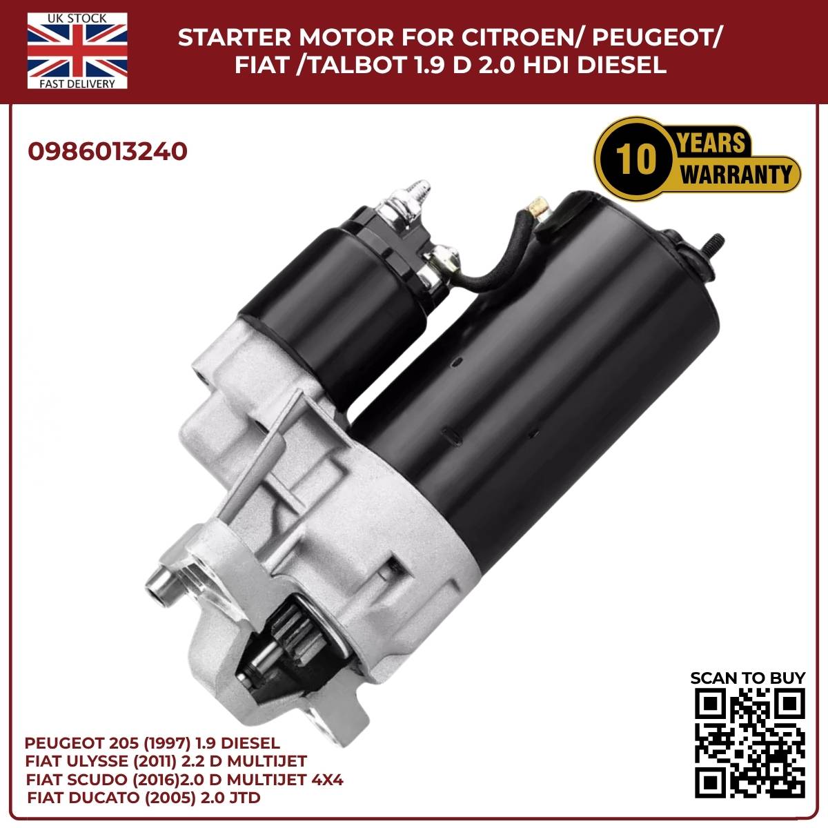 Starter Motor for Citroen / Peugeot / Fiat / Talbot – 1.9D & 2.0 HDI Diesel | Ref 0986013240