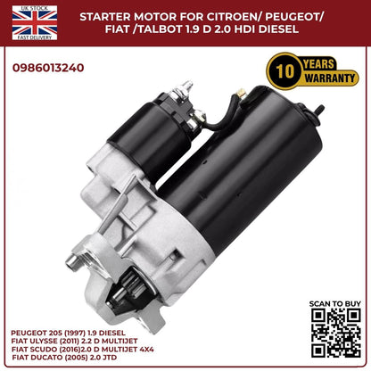 Starter Motor for Citroen / Peugeot / Fiat / Talbot – 1.9D & 2.0 HDI Diesel | Ref 0986013240