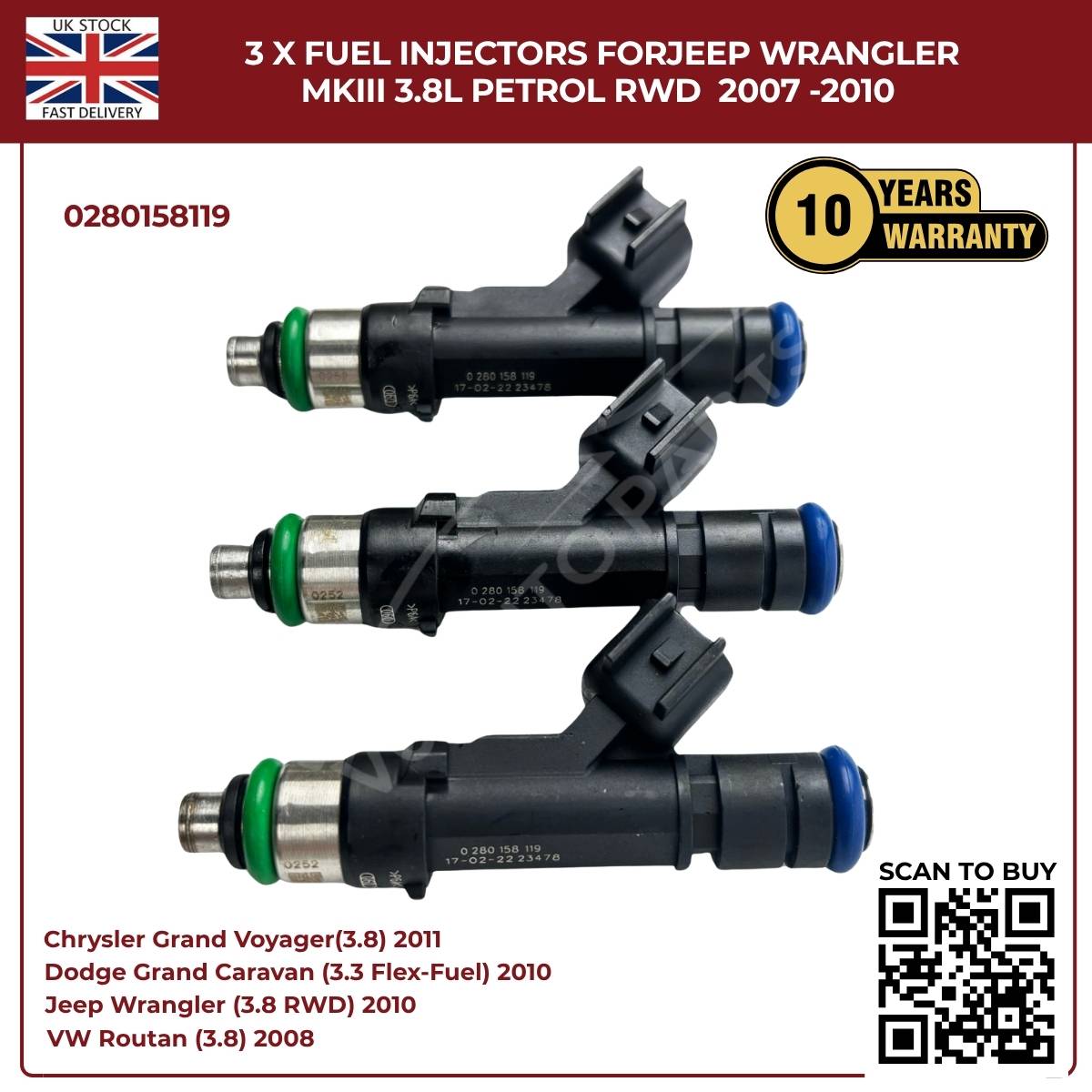 3x Fuel Injectors 0280158119 – Fits 2007–2010 Jeep Wrangler MKIII 3.8L Petrol RWD | OE Replacement