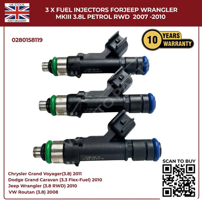 3x Fuel Injectors 0280158119 – Fits 2007–2010 Jeep Wrangler MKIII 3.8L Petrol RWD | OE Replacement
