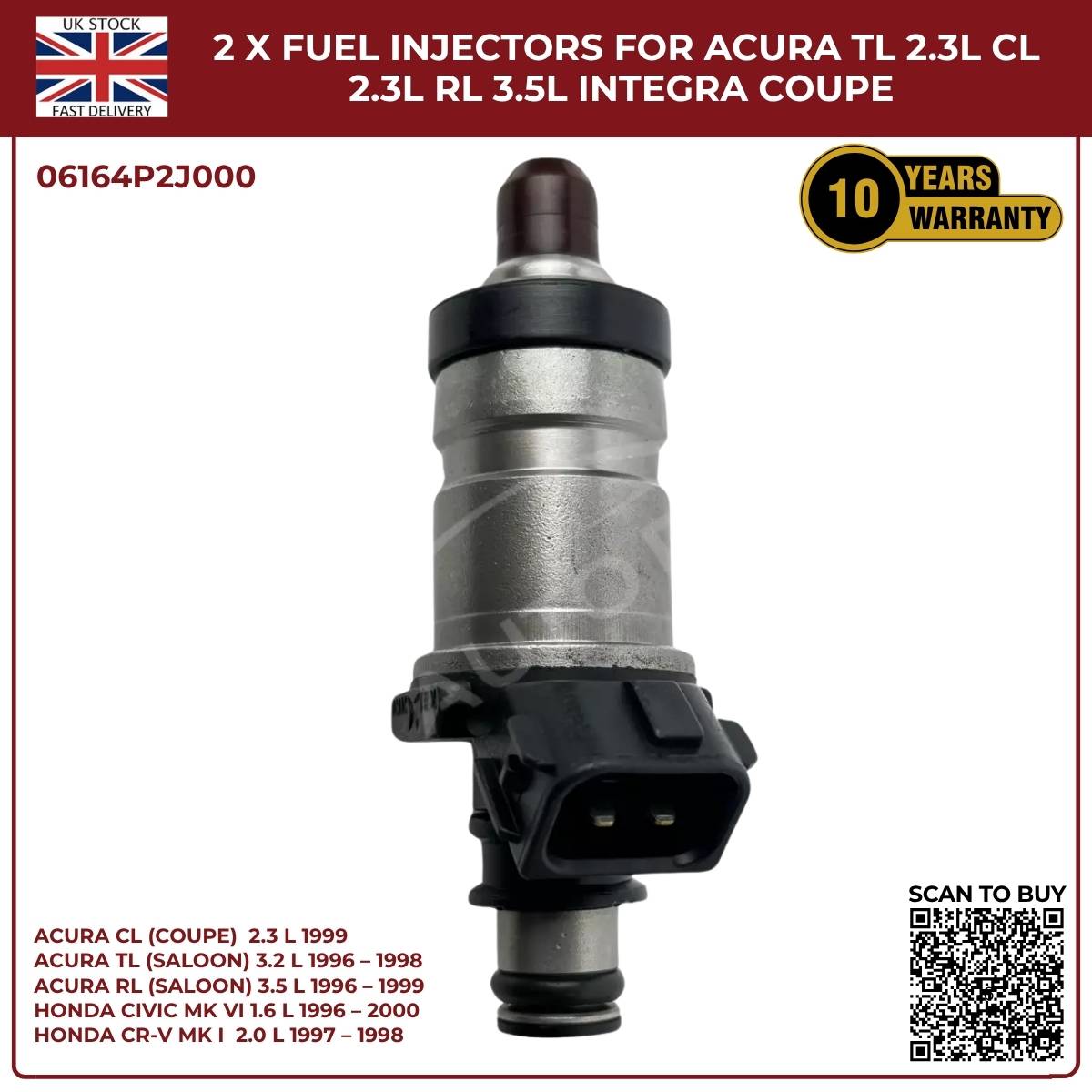 2PCS Fuel Injectors for Honda CR‑V MK1 2.0L Petrol (1997‑1998) | OEM 06164‑P2J‑000 Replacement