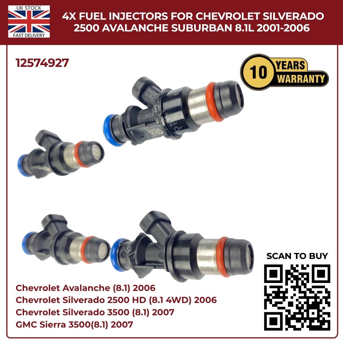 Set of 4 Fuel Injectors | Fits 2001–2006 Chevy Silverado 2500HD, Avalanche 2500, Suburban 2500 | 8.1L Vortec V8 OEM Replacement