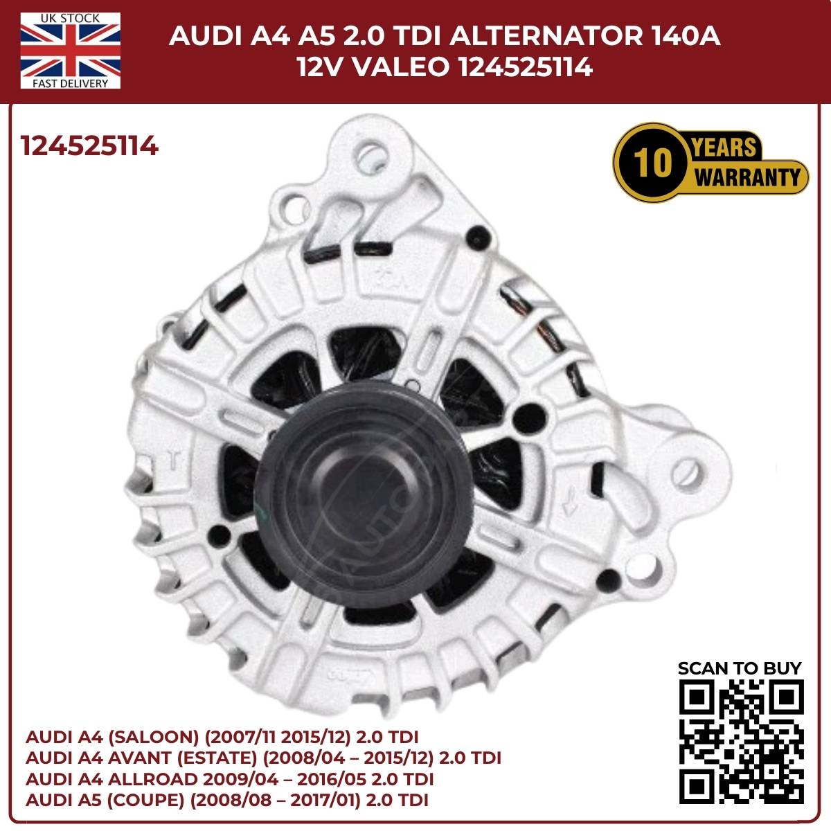 Bosch/VALEO Alternator 140A 12V – Fits Audi A4 A5 2.0 TDI – Part No. 0124525114