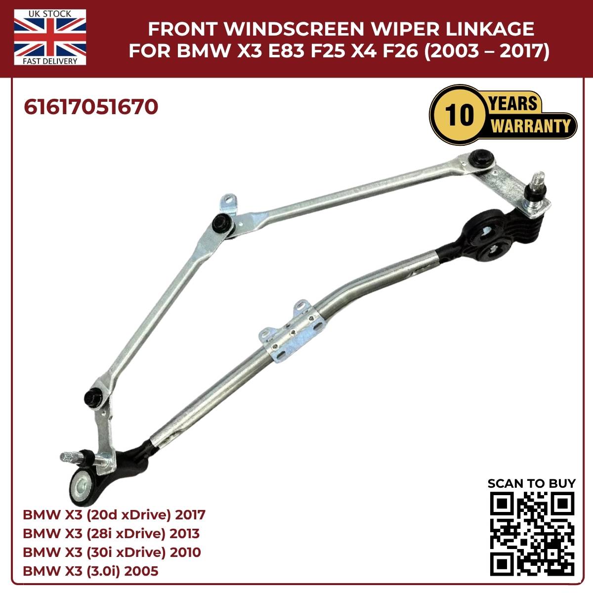 BMW Wiper Linkage Arm Assembly – Fits X3 F25 E83 & X4 F26 | OEM 61617051670 | Fast UK Dispatch