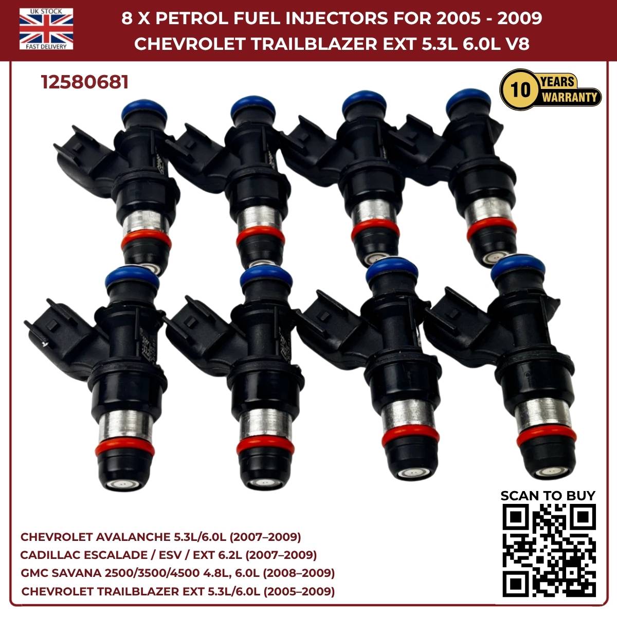 8x Fuel Injectors – Fits 2007–2010 Chevrolet Silverado 1500 / 2500HD / 3500HD – OEM Replacement