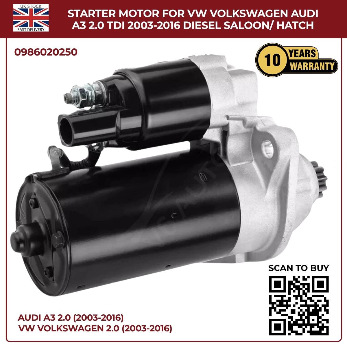 Starter Motor for VW & Audi A3 2.0 TDI (2003–2016) Diesel Saloon/Hatchback
