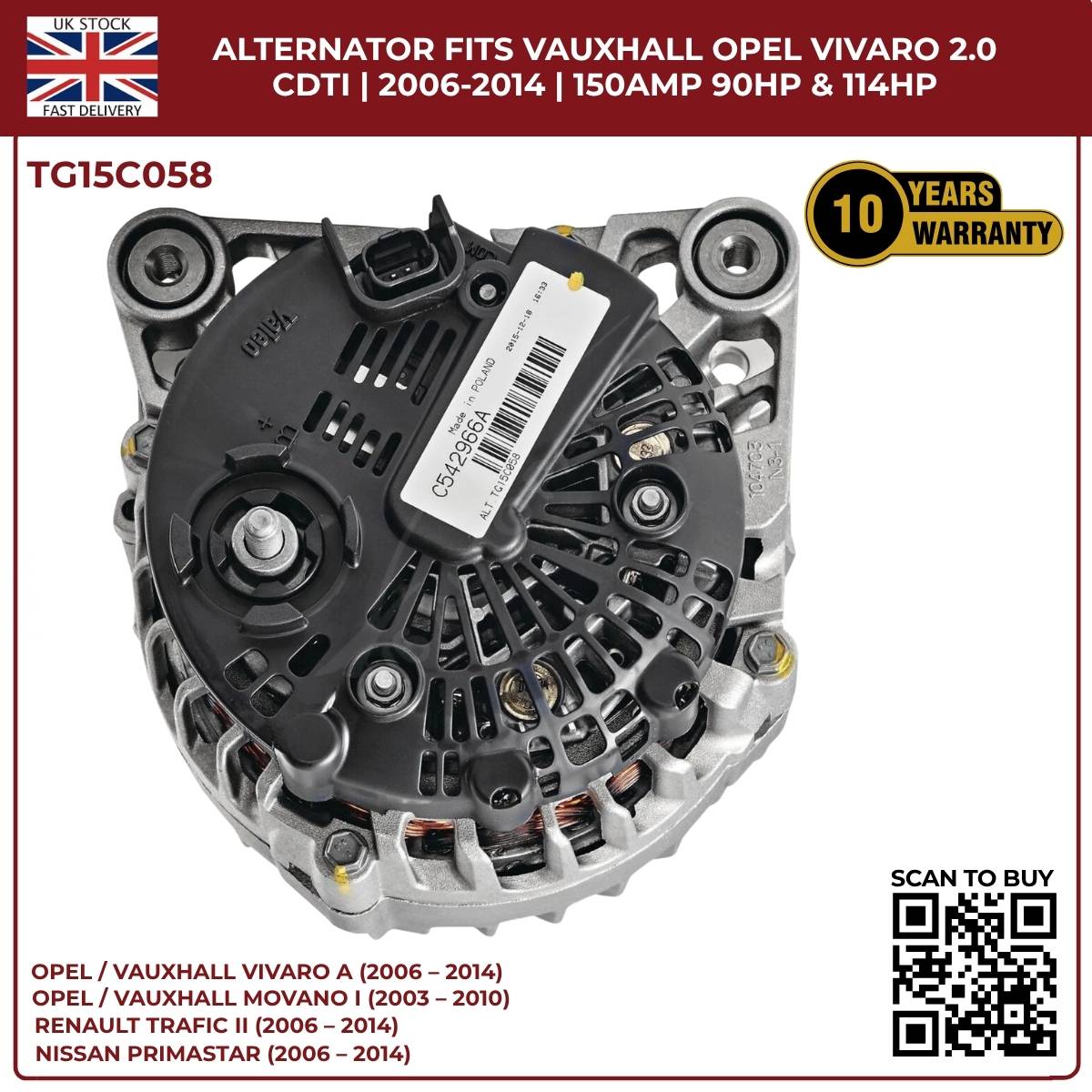 TG15C058 Alternator – 12V 150A | Fits 2006‑2014 Opel/Vauxhall Vivaro A 2.0 CDTi Diesel