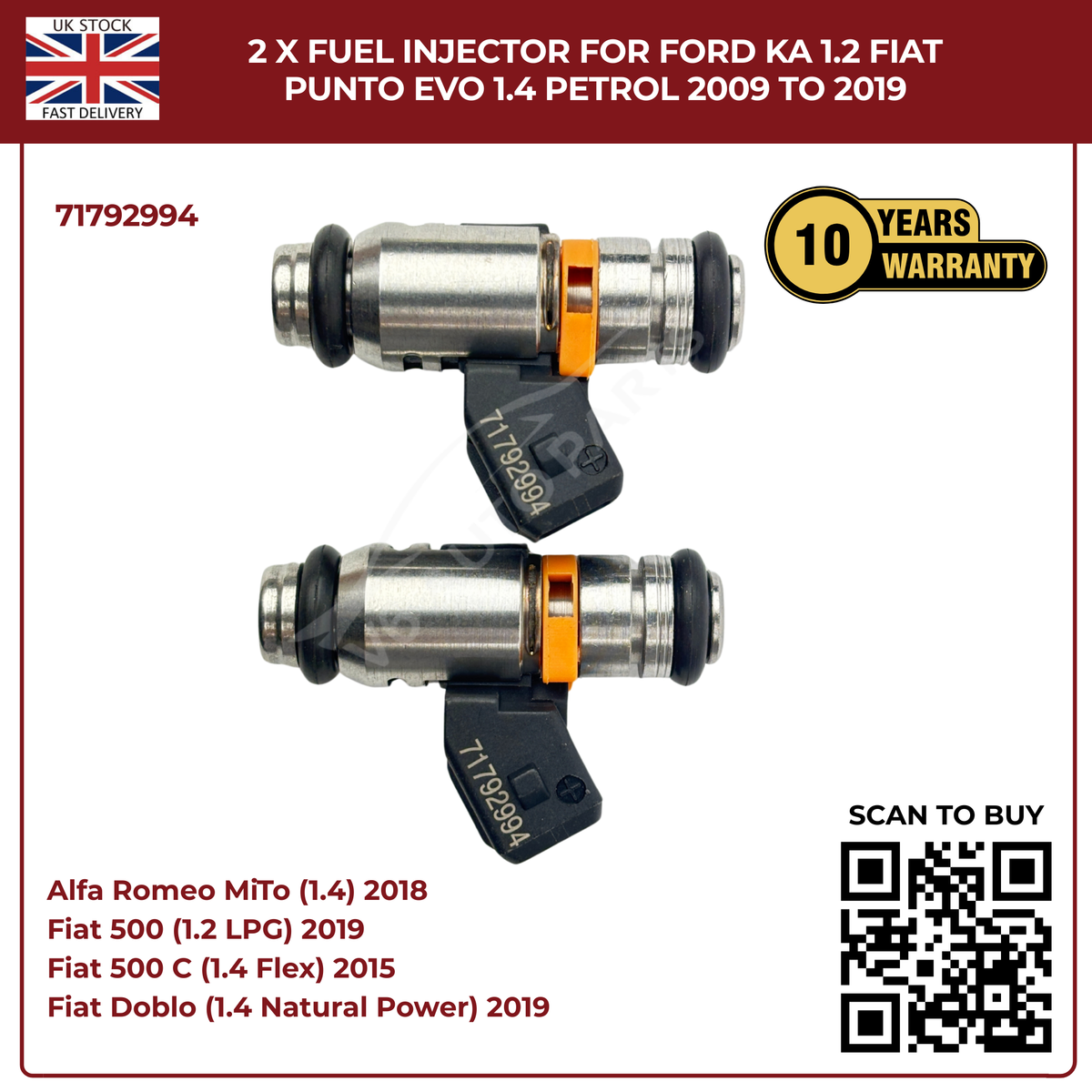 2× Fuel Injectors 71792994 – Fits 2009–2019 Ford Ka 1.2 & Fiat Punto Evo 1.4 Petrol