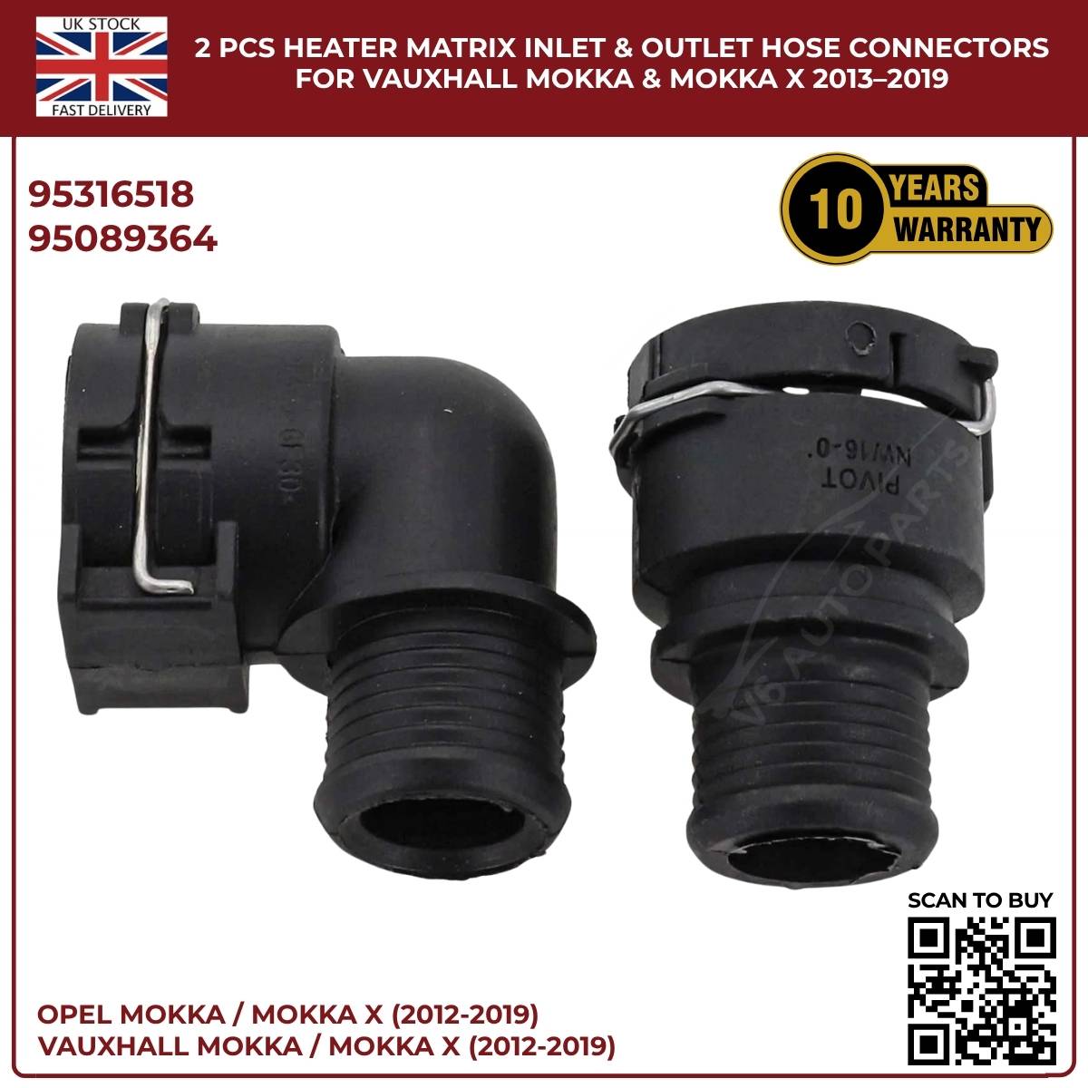 2 PCS Heater Matrix Inlet & Outlet Hose Connectors For Vauxhall ΜΟΚΚΑ Χ 2013-19