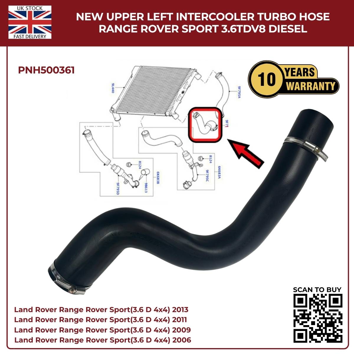 Range Rover Sport 3.6 TDV8 Intercooler Turbo Hose – Upper Left (PNH500361, Diesel OE Replacement)
