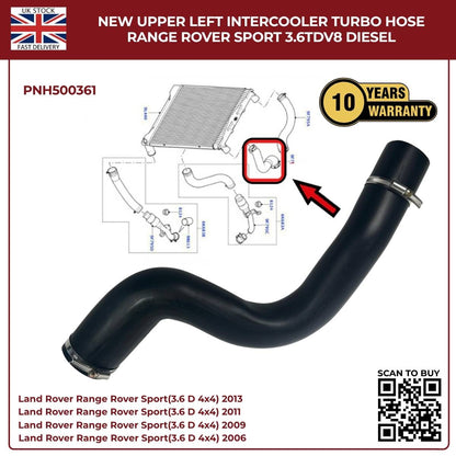 Range Rover Sport 3.6 TDV8 Intercooler Turbo Hose – Upper Left (PNH500361, Diesel OE Replacement)