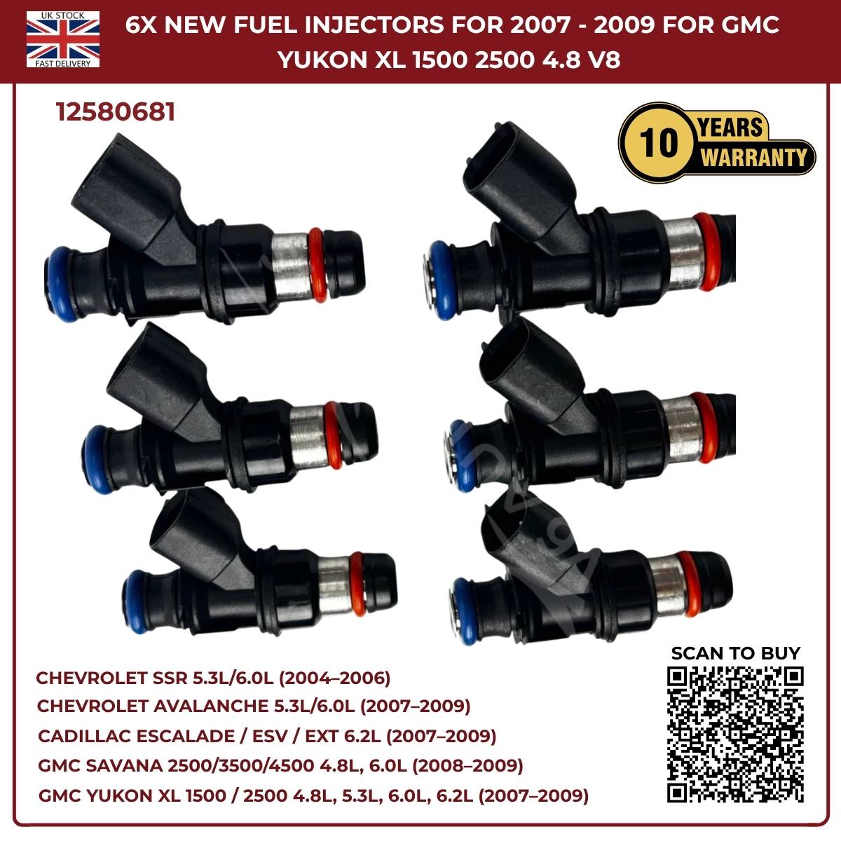 Set of 6 High-Flow Fuel Injectors | Fits 2005–2006 Chevrolet SSR 5.3L & 6.0L V8 Petrol | OEM 12580681 Replacement