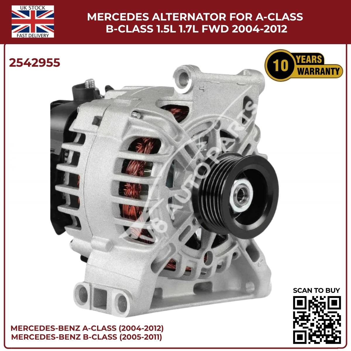 Mercedes Alternator SG9B121 / 2542955 — A-Class W169 & B-Class W245 1.5L / 1.7L Petrol FWD (2004–2012)