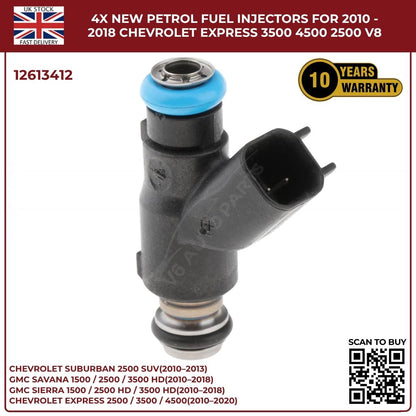 4× Fuel Injectors 12613412 – Fits 2010–2013 Chevrolet Suburban 2500 HD 6.0L V8 Petrol