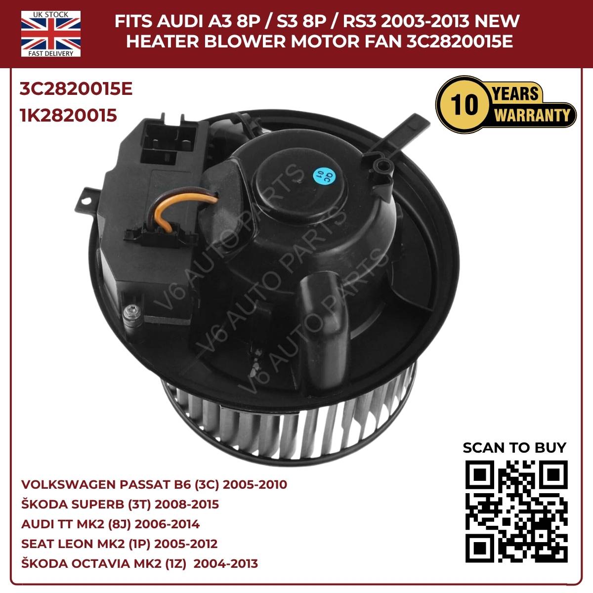 Heater Blower Motor Fan For Audi TT MK2 2006–2014 / A3 8P S3 – OEM 1K2820015A, 3C2820015E