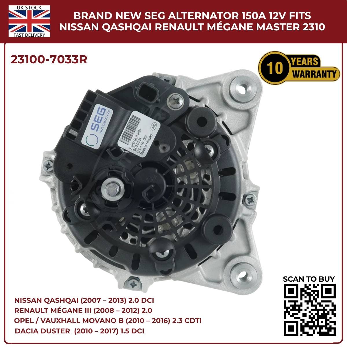 Alternator 23100‑7033R 12V 150A – Renault Master MK3, Vauxhall Movano B MK2, Nissan NV400