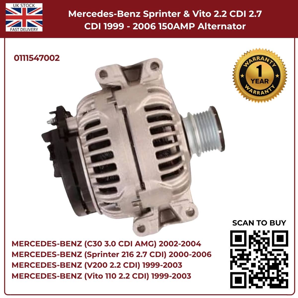 150AMP Alternator for Mercedes-Benz Sprinter & Vito (1999–2006, 2.2 CDI / 2.7 CDI)