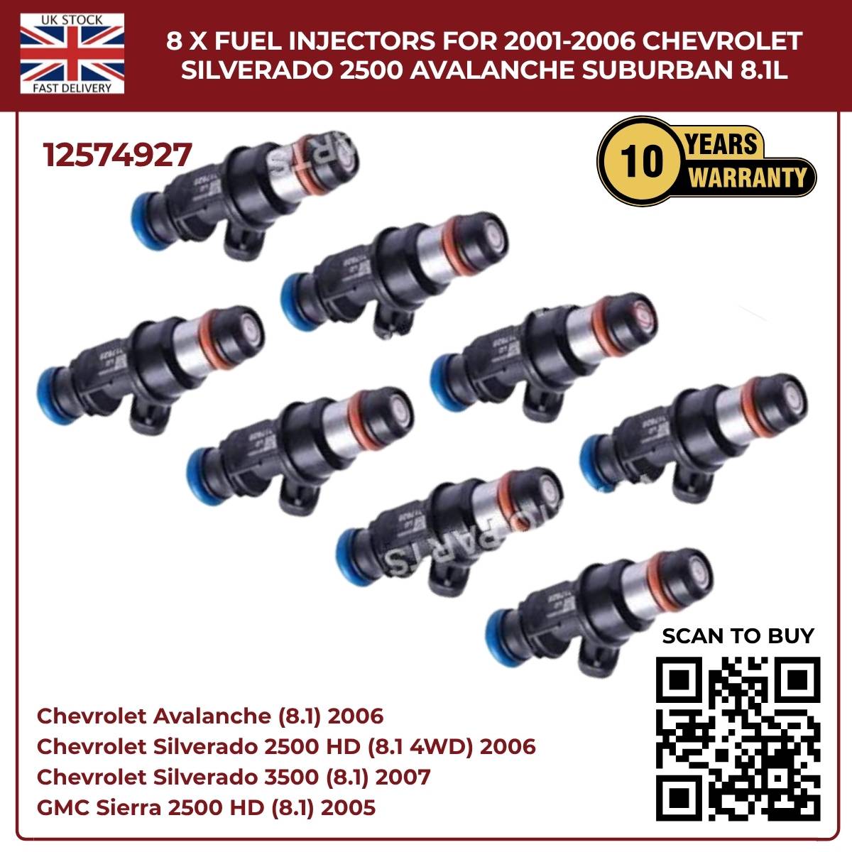 Set of 8 Fuel Injectors | Fits 2001–2006 Chevrolet Silverado, Avalanche & Suburban 8.1L V8